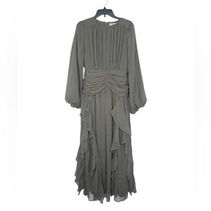 Olive Green Ruffle-Trim Maxi Dress with Long Sleeves